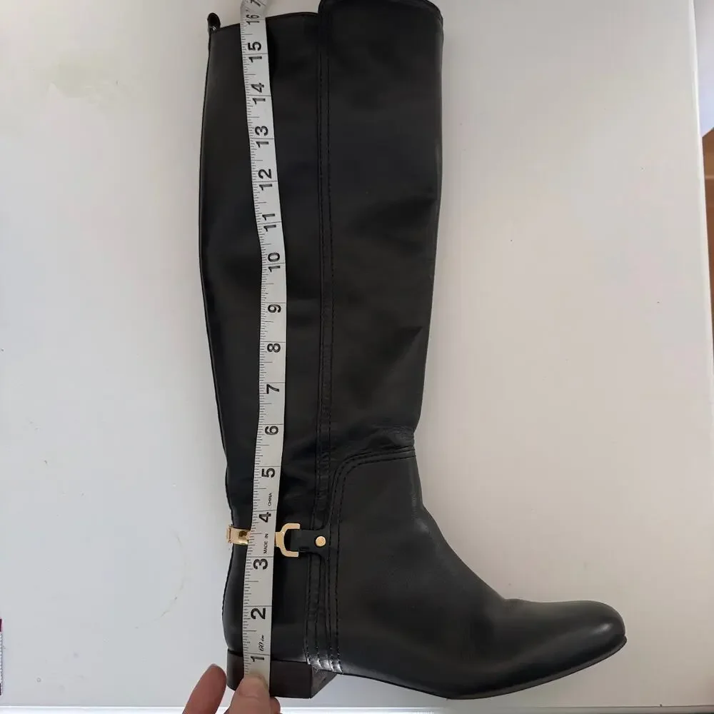 Tory Burch Tall Black Leather Riding Boots Horsebit Heel Logo Hardware Size 5